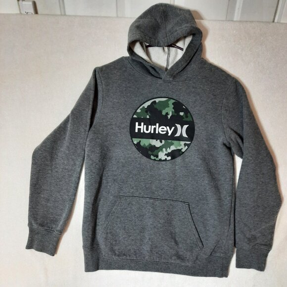 HURLEY CAMO LOGO YOUTH Gray Pullover Hoodie Big Center Spellout Camouflage 18-20 - Picture 2 of 9